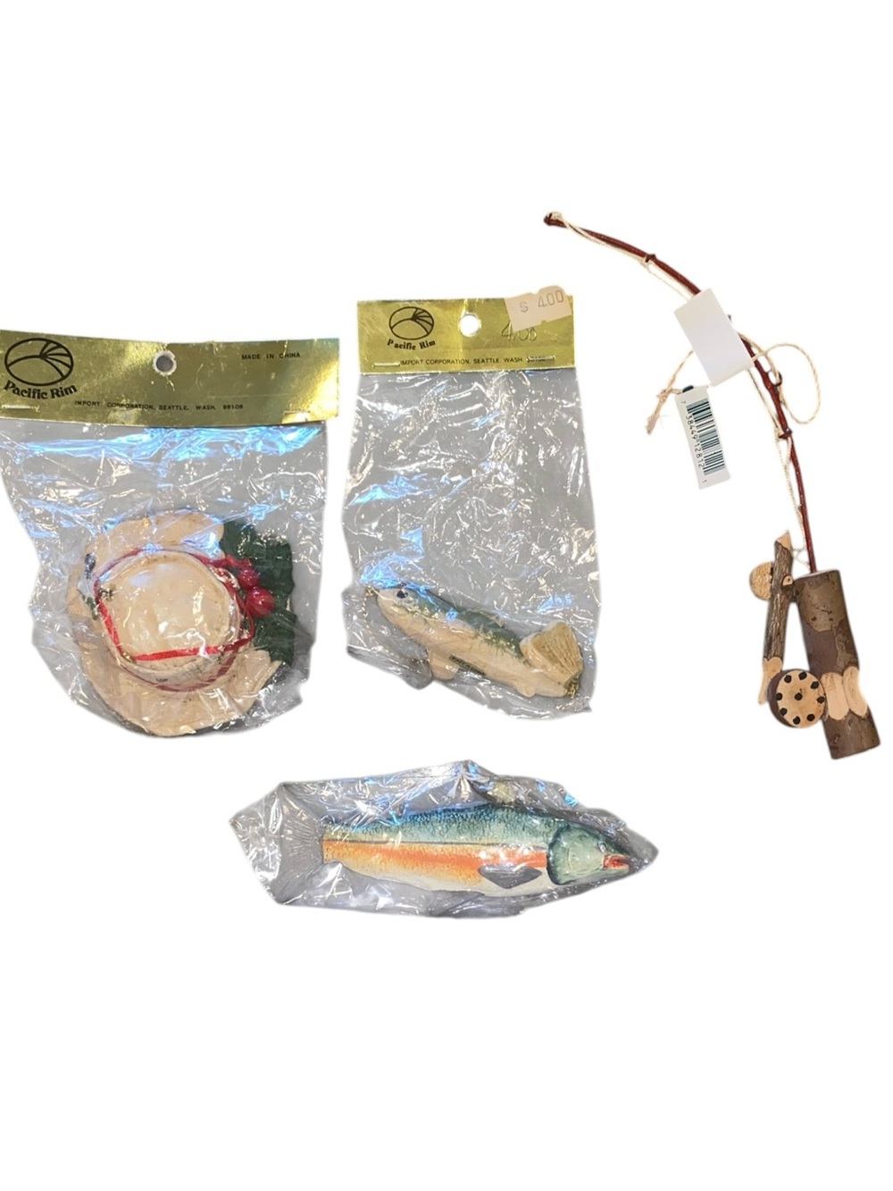 Vintage Pacific Rim Fishing Ornaments Lot Cabin Core Lodge Christmas 4pc set